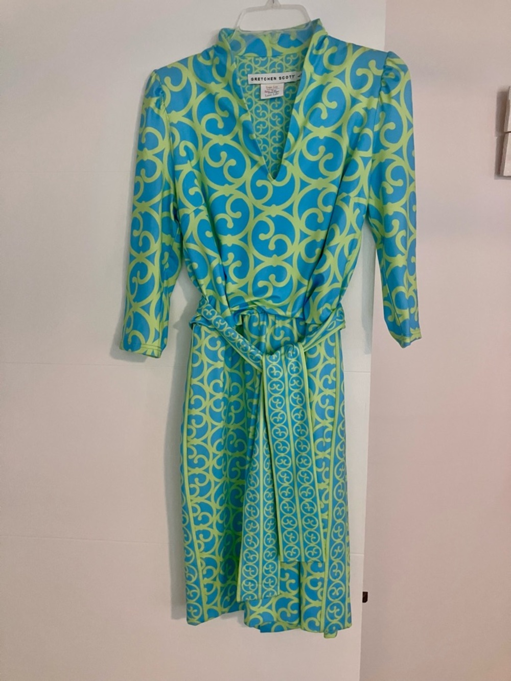 Gretchen Scott Blue and Lime Scroll Print Dress 3/4 Sleeve with Belt